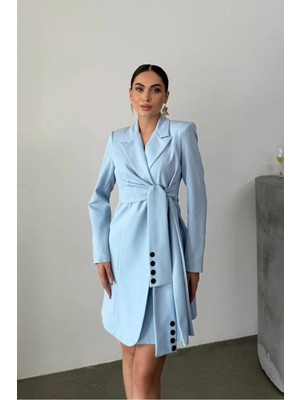 Zf Butik Kadın Mini Elbise Açık Mavi Kruvaze Yaka Uzun Kollu Kuşaklı Pileli