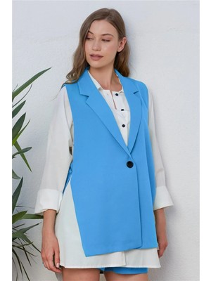 Zf Butik Kadın Boyfriend Yelek Mavi Yandan Bağlamalı Orta Kalın