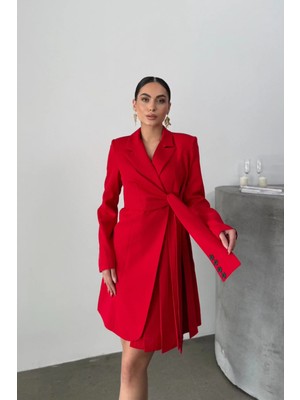 Zf Butik Kadın Uzun Kollu Kruvaze Yaka Pileli Kuşaklı Ceket Elbise Kırmızı