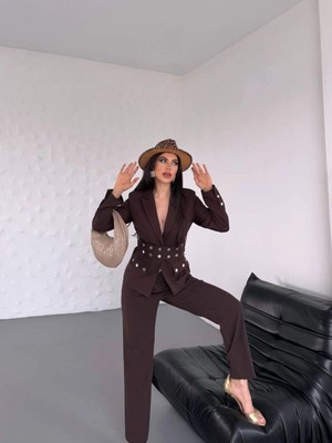 Zf Butik Kadın Ceket Pantolon Takım Elbise Cıt Cıt Detaylı Kahverengi