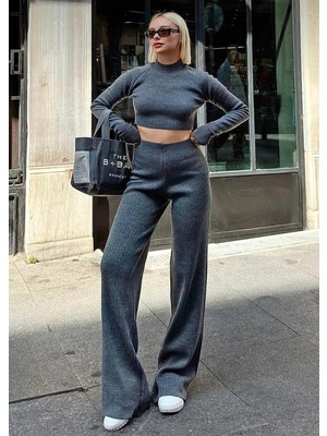 Zf Butik Kadın Crop Pantolon Takım Antrasit Reglan Kesim