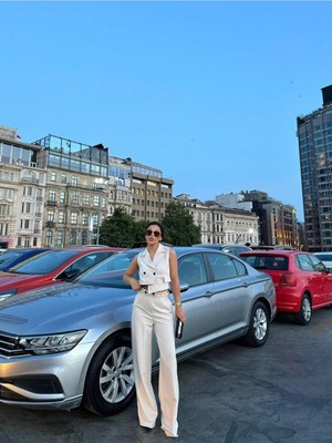 Zf Butik Kadın Bej Düğmeli Yelek Pantolon Asimetrik Takım