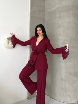 Zf Butik Kadın Gül Aksesuarlı Bordo Takım Elbise Ceket Pantolon