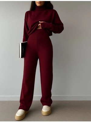 Zf Butik Kadın Yüksek Bel Triko Ikili Takım Bordo Crop Bluz Pantolon