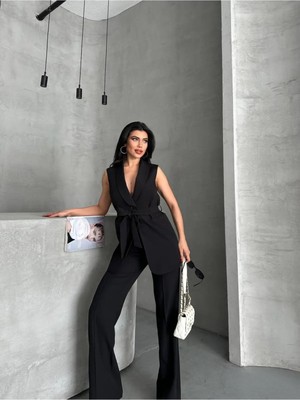 Zf Butik Kadın Siyah Kuşaklı Yelekli Pantolon Takım