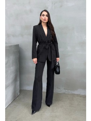 Zf Butik Kadın Çizgili Kuşaklı Blazer Ceket ve Pantolon Takım Siyah