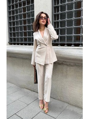 Zf Butik Kadın Ceket Pantolon Takım Pileli Kesim Bej