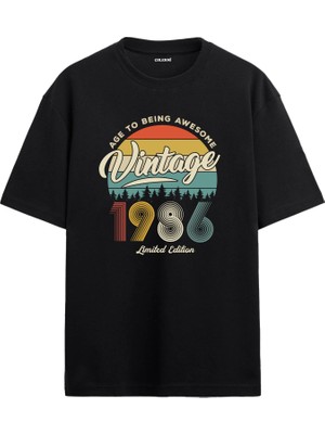 Colermi 1986 Nostalji Oversize Tişört - Retro Gün Batımı Pine Tree Tasarım