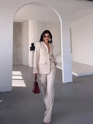 Zf Butik Kadın Bej Tek Düğmeli Blazer Ceket Pantolon Takım