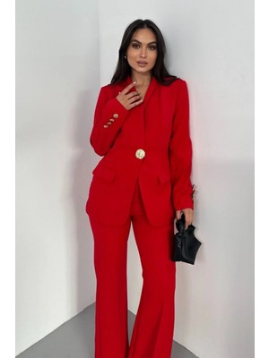 Zf Butik Kadın Blazer Ceket Takım Kırmızı Düğmeli