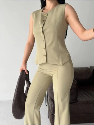 Zf Butik Kadın Haki Yırtmaçlı Düğmeli Yelek Pantolon Takım