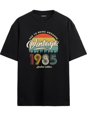 Colermi 1985 Nostalji Oversize Tişört - Retro Gün Batımı Pine Tree Tasarım