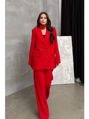 Zf Butik Kadın Ikili Blazer Ceket Pantolon Takım Aksesuar ve Düğme Detaylı Bol Paça