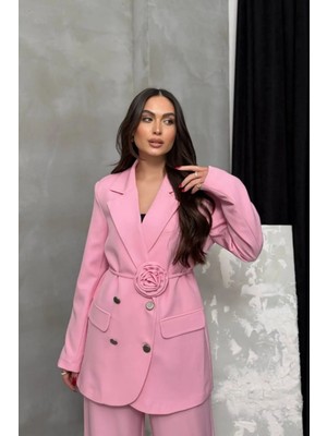 Zf Butik Kadın Gül Desenli Ceket Pantolon Takım Pembe