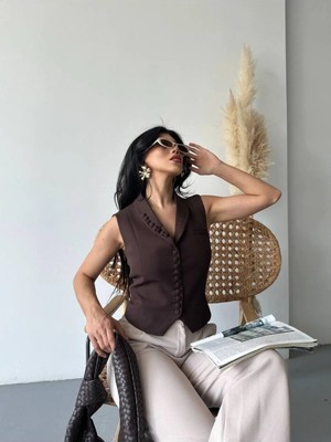 Zf Butik Kadın Blazer Yelek Ceket Kahverengi Düğme Detaylı