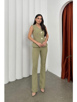 Zf Butik Kadın Düğme Detaylı Yelek Pantolon Takım Metalik