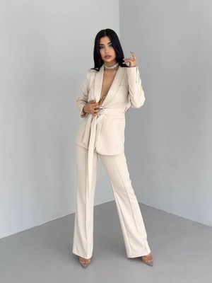 Zf Butik Kadın Ikili Kuşaklı Blazer Ceket Pantolon Takım
