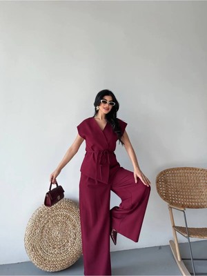 Zf Butik Kadın Bağlamalı Yelekli Takım Bordo