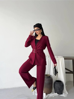 Zf Butik Kadın Kemerli Blazer Pantolon Ikili Takım Bordo