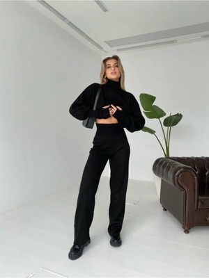 Zf Butik Parmak Geçmeli Yüksek Bel Triko Siyah Takım