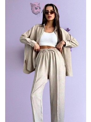 Zf Butik Kadın Bej Keten Gömlek Pantolon Takım Oversize Kesim