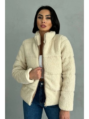 Zf Butik Kadın Şişme Mont Peluş Kabartma Teddy Kumaş Bej