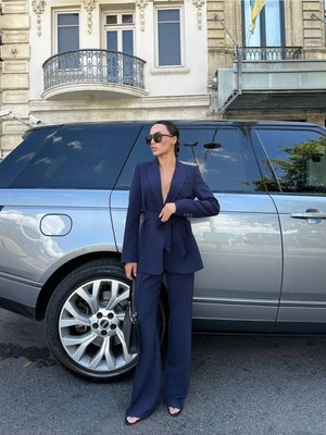 Zf Butik Kadın Blazer Ceket Pantolon Takım Kuşaklı Lacivert Ikili Set