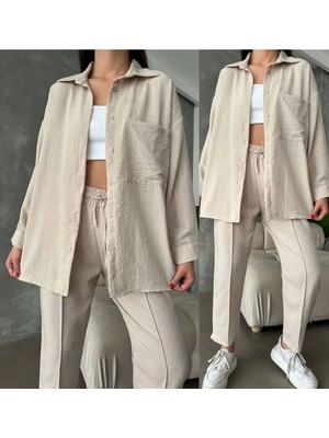 Zf Butik Kadın Bej Keten Gömlek Pantolon Ikili Takım Mom Kesim