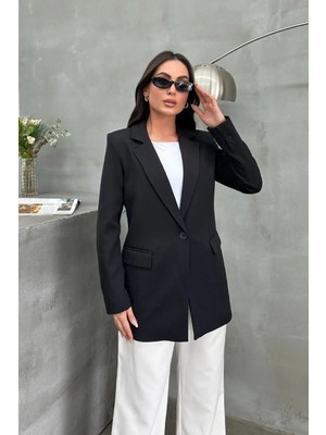 Zf Butik Kadın Blazer Ceket Siyah Rahat Kalıp Astarlı Tek Düğmeli Ofis Ceketi