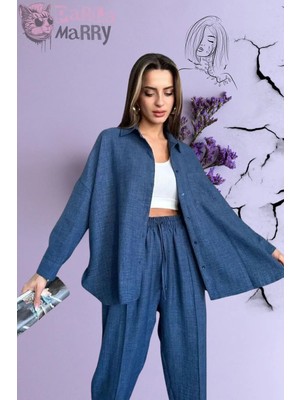 Zf Butik Kadın Keten Gömlek Pantolon Takım Lacivert Oversize