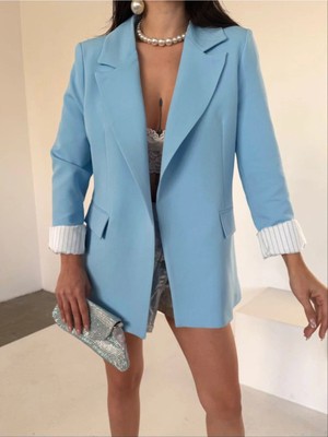 Zf Butik Kadın Mavi Astarlı Blazer Ceket Oversize Kesim Uzun Kollu