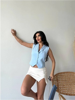 Zf Butik Kadın Blazer Yelek Ceket Bebek Mavisi Düğme Detaylı