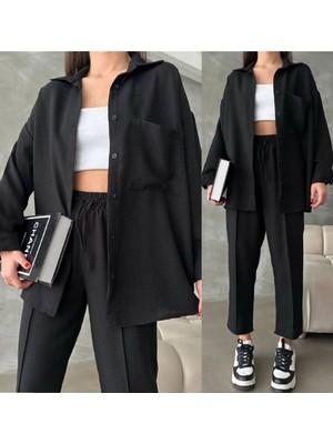 Zf Butik Kadın Siyah Keten Gömlek Pantolon Ikili Takım Yazlık