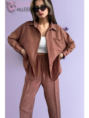 Zf Butik Kadın Keten Gömlek Pantolon Takım Kahverengi Oversize
