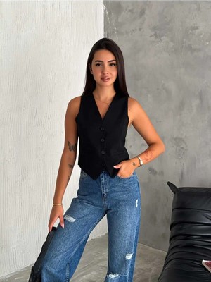 Zf Butik Kadın Siyah Yelek V Yaka Düğmeli Slim Fit Günlük Kullanım