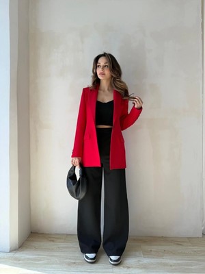 Zf Butik Kadın Kırmızı Atlas Blazer Ceket Tek Düğme Regular
