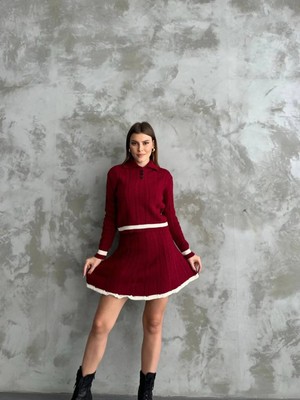 Zf Butik Kadın Triko Düğmeli Polo Yaka Etekli Takım Bordo