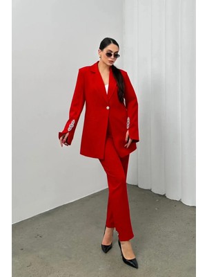 Zf Butik Kadın Blazer Ceket Pantolon Takım Boru Paça Kırmızı Taş Detaylı