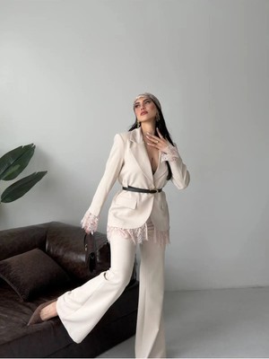 Zf Butik Kadın Dantel Detaylı Blazer Ceket Ispanyol Paça Takım Bej