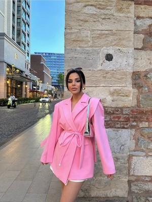 Zf Butik Oversize Blazer Ceket Fuşya Dokuma Kumaş Uzun Boy
