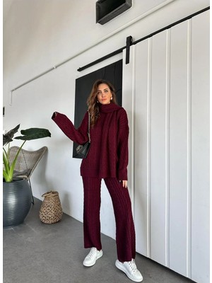 Zf Butik Bordo Saç Örgülü Atkılı Takım - Şık ve Sıcak