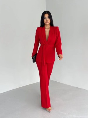 Zf Butik Kadın Ikili Kuşaklı Blazer Ceket Pantolon Takım Kırmızı