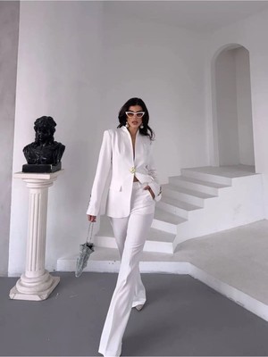 Zf Butik Kadın Beyaz Tek Düğmeli Blazer Ceket Pantolon Takım