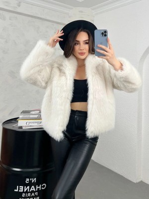 Zf Butik Kadın Şal Yaka Kürk Beyaz Oversize Kesim