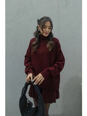 Zf Butik Kadın Bordo Pileli Mini Etek Balıkçı Yaka Triko Takım