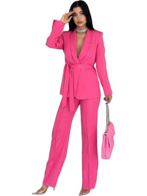 Zf Butik Kadın Takım Elbise Pembe Kemerli Şal Yaka Blazer Ceket Boru Paça Pantolon