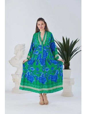 Zf Butik Desenli Uzun Tesettür Gömlek Elbise Yeşil Oversize