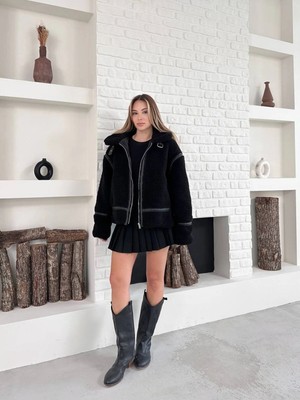 Zf Butik Kadın Oversize Uzun Peluş Mont Siyah