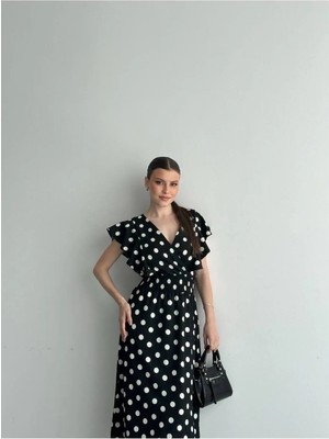 Zf Butik Puantiye Desenli Kruvaze Yaka Midi Elbise Siyah