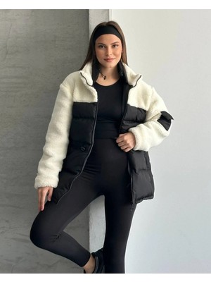 Zf Butik Kadın Peluş Detaylı Beli Lastikli Puffer Mont Siyah